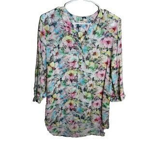 Antilia Femme Blouse Women's Medium Watercolor Floral 3/4 Sleeve Boho Top